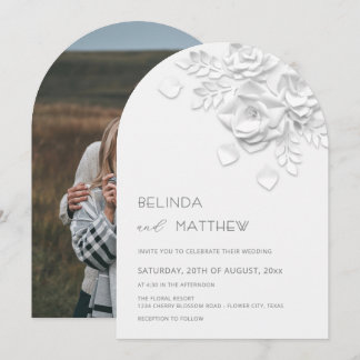 Weiße Faux-Relief-Rosen-Foto-Hochzeit im Casual-St Einladung