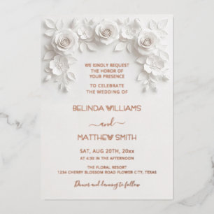 Weiße Faux-Relief-Rosen Rahmen Hochzeit Minimalist Folieneinladung