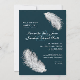 Weiße Federn Dunkle Aquamarine Hochzeitseinladung Einladung
