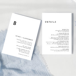 Weiße, feine Monogramm Hochzeitsdetails und Einladung