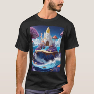 Weiße Felsen Hütte in tiefen Ozeanwellen mit lila T-Shirt
