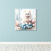 Weiße, flauschige blaue Mit Augen Katze in einem F Leinwanddruck (Insitu (Holzboden))
