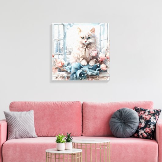 Weiße, flauschige blaue Mit Augen Katze in einem F Leinwanddruck (Insitu (Wohnzimmer))