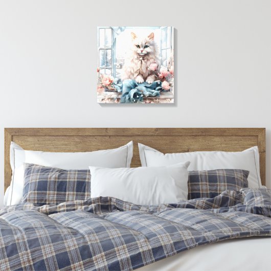 Weiße, flauschige blaue Mit Augen Katze in einem F Leinwanddruck (Insitu (Schlafzimmer))