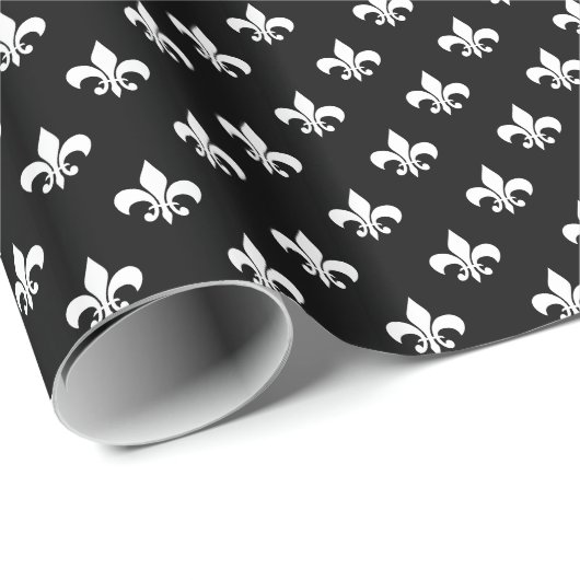 Weiße Fleur-de-lis auf schwarz Geschenkpapier (Rolleneckpunkt)