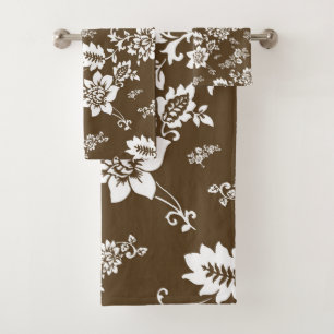 Weiße Flora auf Choco Brown Hintergrund Badhandtuch Set