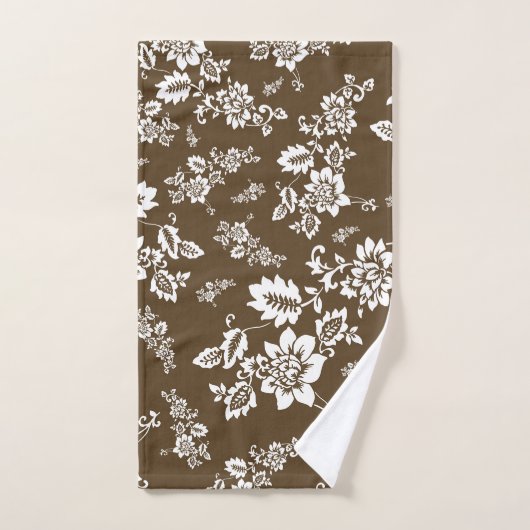Weiße Flora auf Choco Brown Hintergrund Badhandtuch Set (Handtuch)