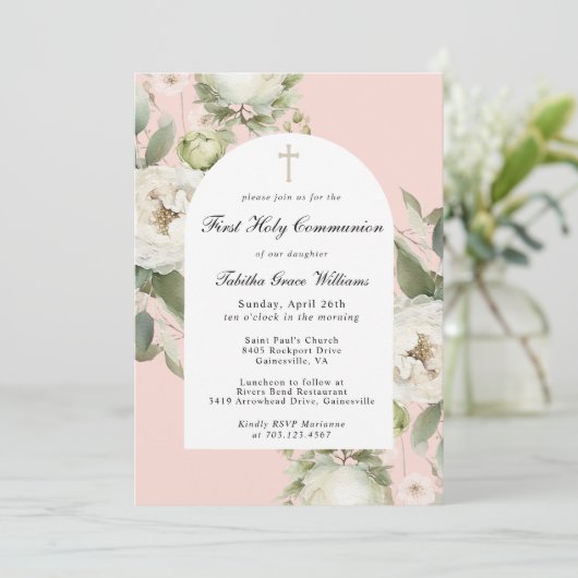 Weiße Flora auf rosa Erste heilige Kommune Einladung (Stehend Vorderseite)