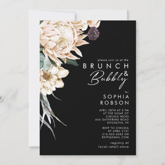 Weiße Flora | Black Brunch und Bubbly Einladung (Vorderseite)