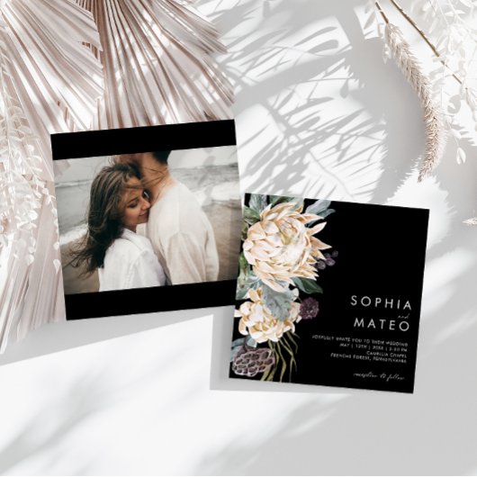 Weiße Flora | Black Foto Square Wedding Einladung