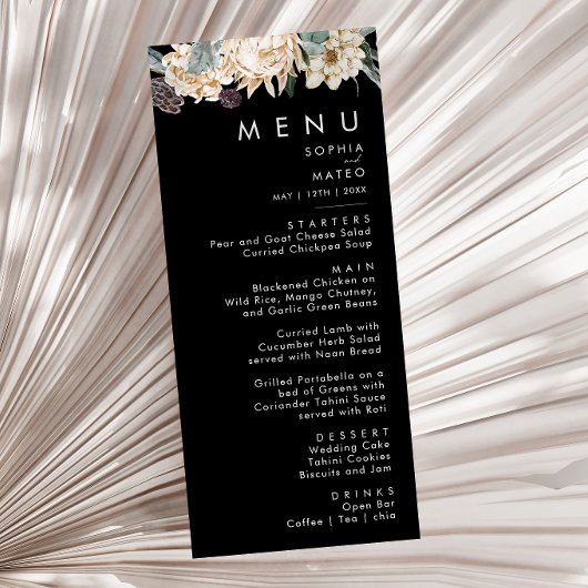 Weiße Flora | Black Wedding Dinner Menu Menükarte