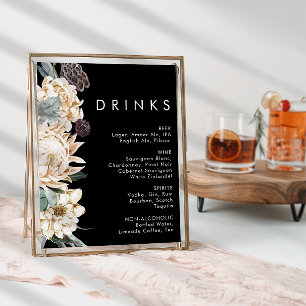 Weiße Flora   Black Wedding Drinks Sign Poster