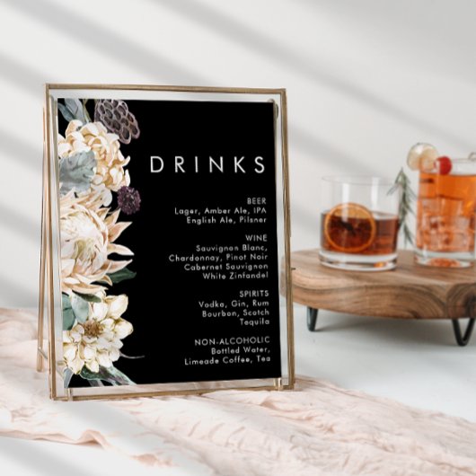 Weiße Flora | Black Wedding Drinks Sign Poster