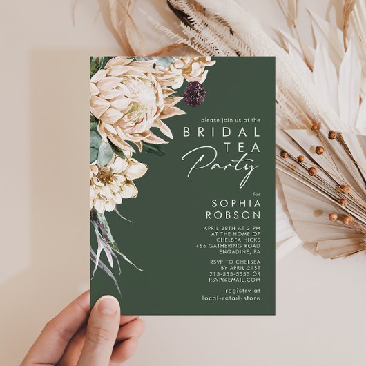 Weiße Flora | Dark Green Bridal Tee Party Einladung
