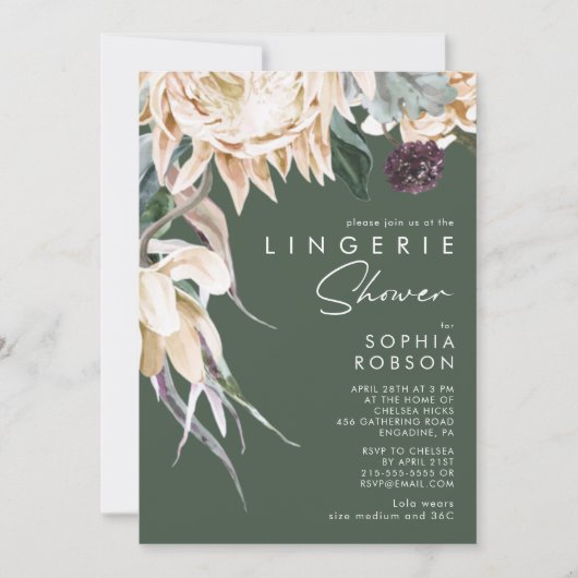 Weiße Flora | Dark Green Lingerie Dusche Einladung (Vorderseite)
