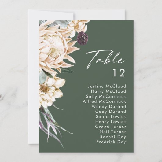 Weiße Flora | Dark Green Tischnummer Chart (Vorderseite)