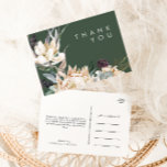 Weiße Flora | Dark Green Wedding Danke Postkarte<br><div class="desc">Wir entwarfen diese weiße Blume | Dark Green danke Ihnen Postcard zu Ihrer rustikalen dunklen tropischen Hochzeit zu beenden. Die böhmische Aquarellanlage mit ihren modernen böhmischen Blume, wie Protea, Dahlia und getrockneter Lotus, ist ein Set für das modisch-minimalistische Grün und Weiß. Ändern Sie den Text und fügen Sie ein Foto,...</div>