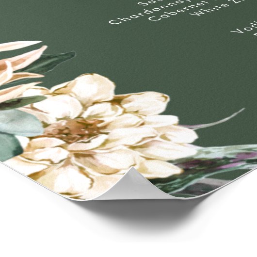 Weiße Flora | Dunkelgrüne Hochzeitsgetränke signie Poster (Ecke)