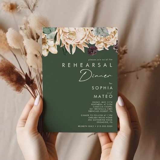 Weiße Flora | Dunkelgrüne Probe Abendessen Einladung