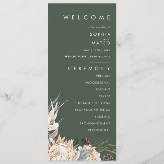 Weiße Flora | Dunkelgrünes Hochzeitsprogramm Programm (Vorderseite)