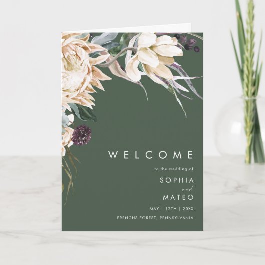 Weiße Flora | Dunkelgrünes Hochzeitsprogramm Programm (Vorderseite)