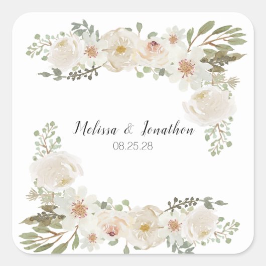 Weiße Flora Elegante Romantische Hochzeit Quadratischer Aufkleber (Vorderseite)