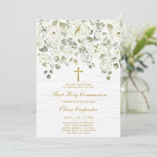 Weiße Flora Erste Heilige Kommune Einladung (Stehend Vorderseite)
