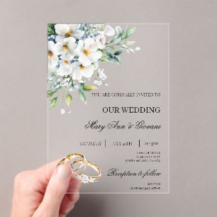 Weiße Flora mit Goldring Hochzeit Acryleinladungen