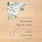 Weiße Flora mit Goldring Hochzeit Acryleinladungen (Vorderseite)