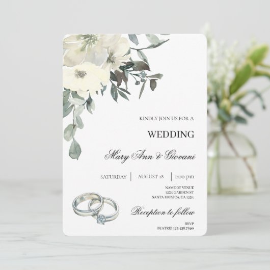 Weiße Flora mit Goldring Hochzeit Einladung (Stehend Vorderseite)
