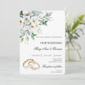 Weiße Flora mit Goldring Hochzeit Einladung (Stehend Vorderseite)