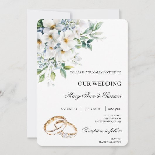 Weiße Flora mit Goldring Hochzeit Einladung (Vorderseite)