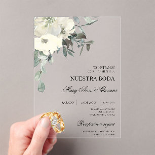 Weiße Flora mit Goldring Spanische Hochzeit Acryleinladungen