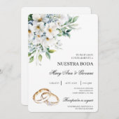 Weiße Flora mit Goldring Spanische Hochzeit Einladung (Vorne/Hinten)