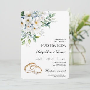 Weiße Flora mit Goldring Spanische Hochzeit Einladung