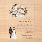 Weiße Flora mit Ringspanischer Hochzeit Acryleinladungen (Vorderseite)