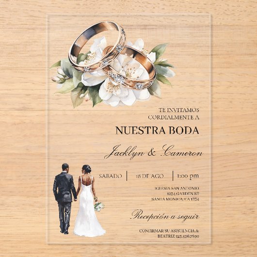 Weiße Flora mit Ringspanischer Hochzeit Acryleinladungen (Vorderseite)