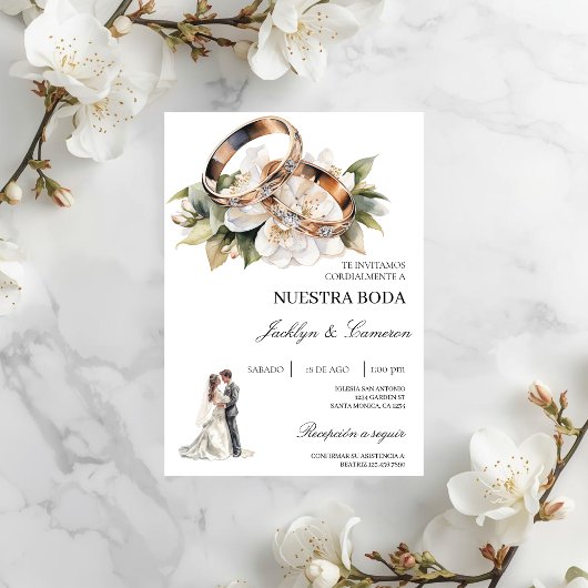 Weiße Flora mit Ringspanischer Hochzeit Einladung