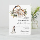 Weiße Flora mit Ringspanischer Hochzeit Einladung (Stehend Vorderseite)