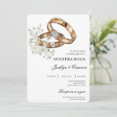 Weiße Flora mit Ringspanischer Hochzeit Einladung (Stehend Vorderseite)