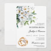 Weiße Flora mit Ringspanischer Hochzeitsempfehlung Einladung (Vorne/Hinten)