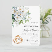 Weiße Flora mit Ringspanischer Hochzeitsempfehlung Einladung (Stehend Vorderseite)