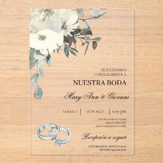 Weiße Flora mit Silberring Spanische Hochzeit Acryleinladungen (Vorderseite)