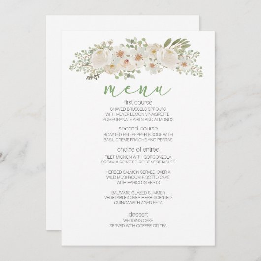 Weiße Flora Romantisches Hochzeitsmenü Menükarte (Vorne/Hinten)