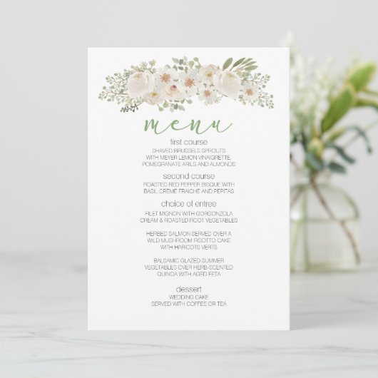 Weiße Flora Romantisches Hochzeitsmenü Menükarte (Stehend Vorderseite)