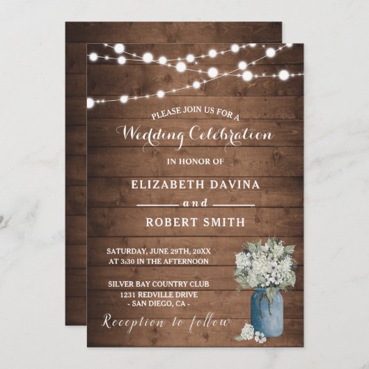 Weiße Flora Rustikale elegante Lichter aus Holz Einladung (Vorne/Hinten)