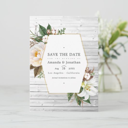 Weiße Flora Rustikales Foto für Hochzeiten im Stal Save The Date (Stehend Vorderseite)