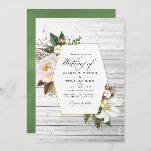 Weiße Flora Rustikales Foto Hochzeitsfest im Barnl Einladung (Vorne/Hinten)