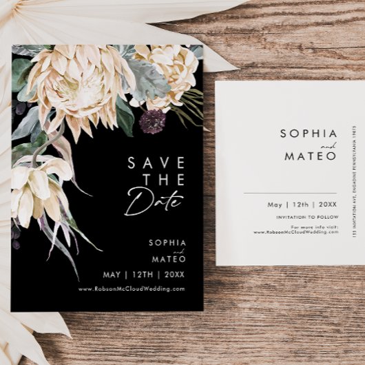 Weiße Flora | Schwarze Save the Date Postkarte