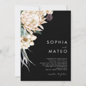 Weiße Flora | Schwarzes Foto Hochzeit Einladung (Vorderseite)